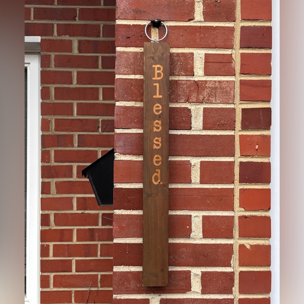 Vertical Wooden Blessed Sign Wall Hanging Farmhouse Rustic Decor w/ metal ring
